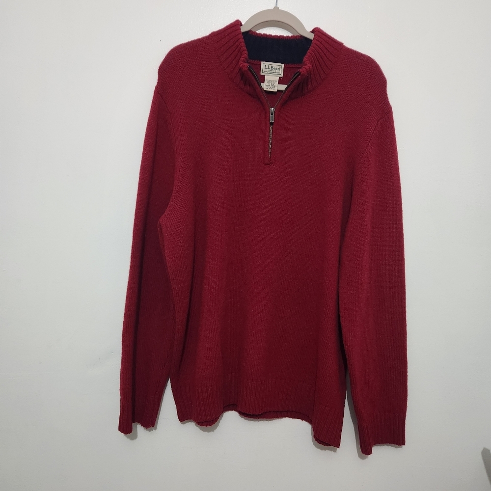 L.L. Bean XL Men's 100% Wool Quarter Zip Dark Red Corduroy Elbow Patch Sweater